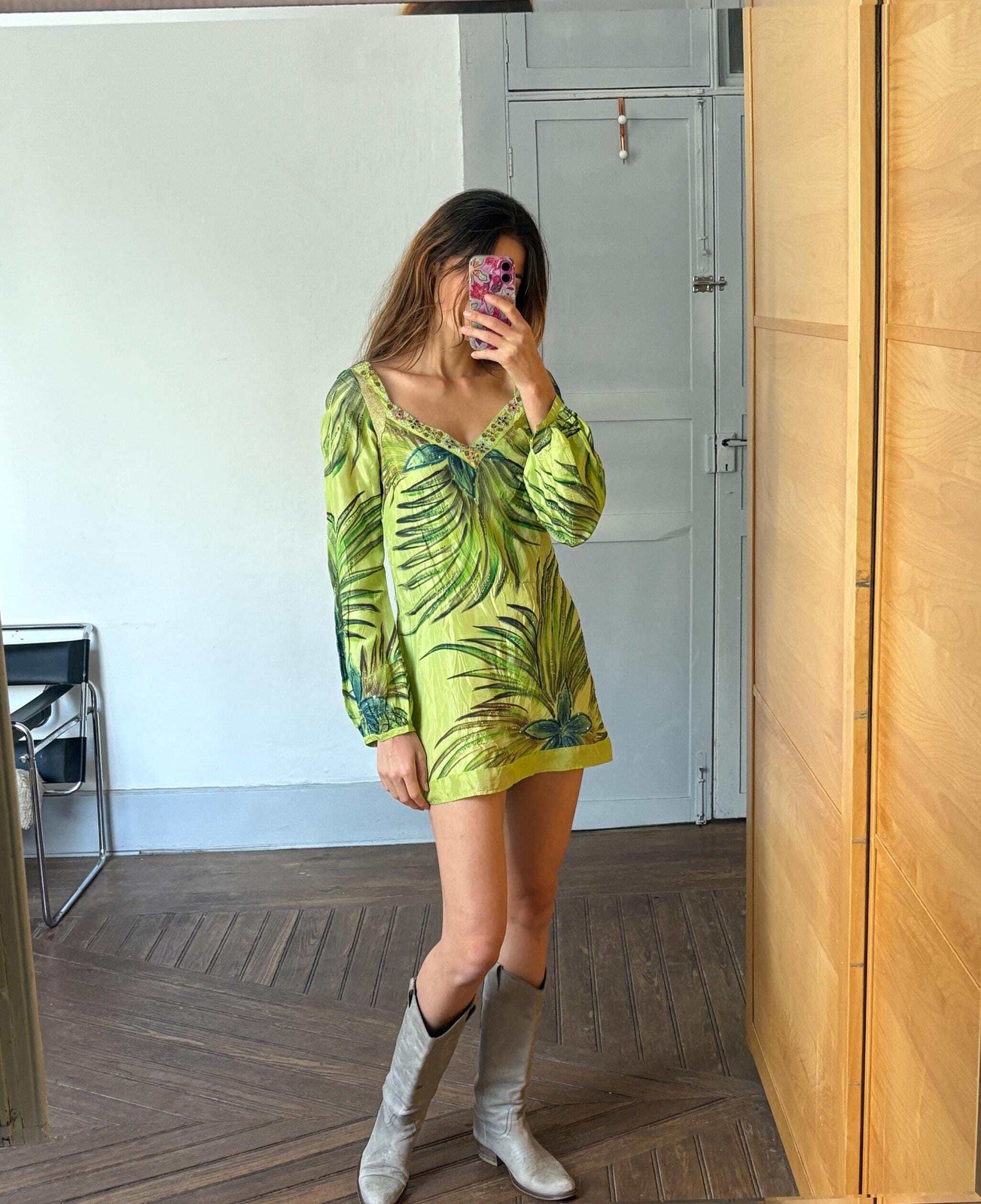Vintage Custo Barcelona Silk Beach Dress, Green Retro Mini, Summer Vacation Tuni