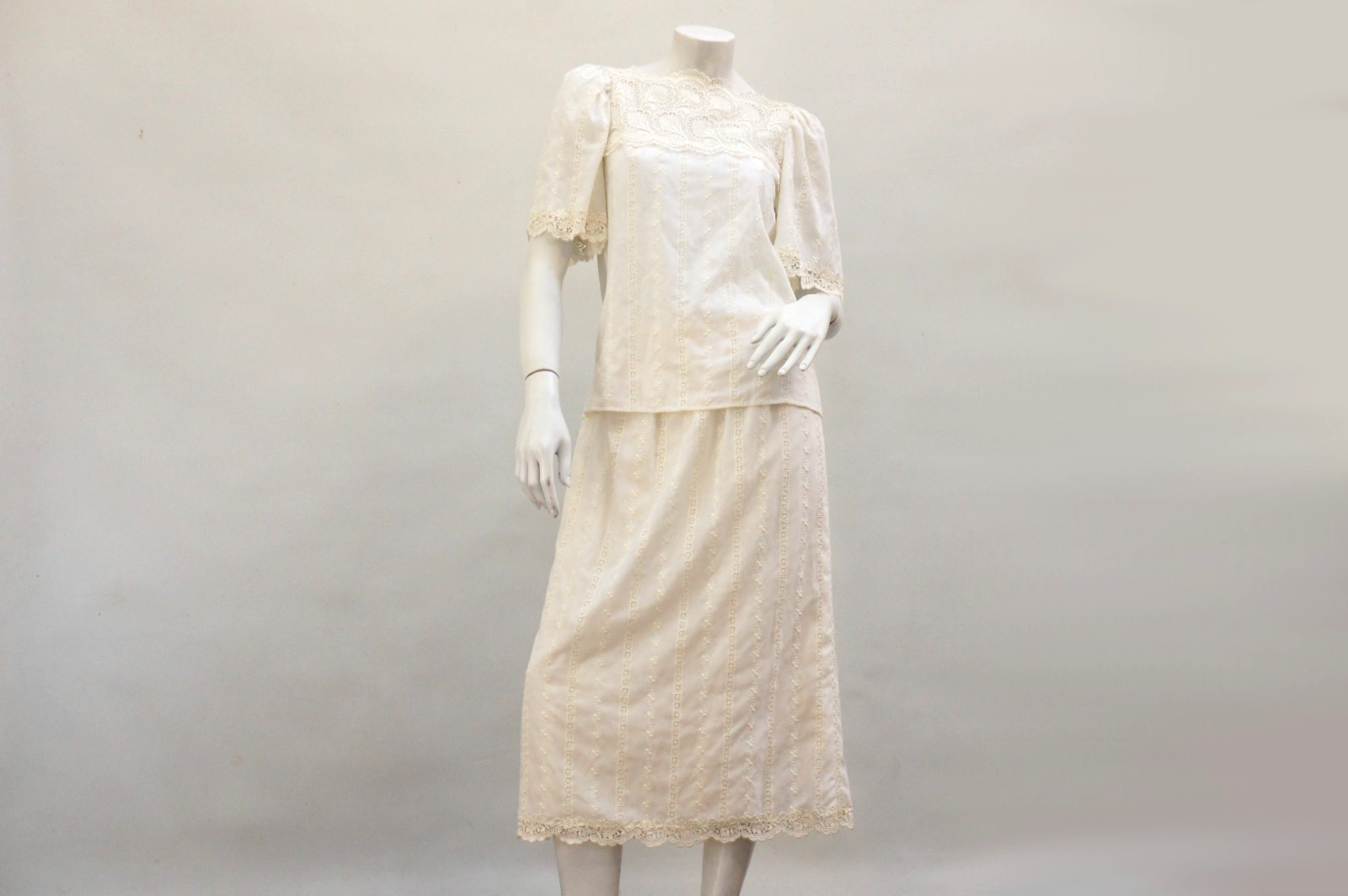 Vintage 70s Creme White Prairie Lace Blouse And Skirt Set Boho Cottagecore