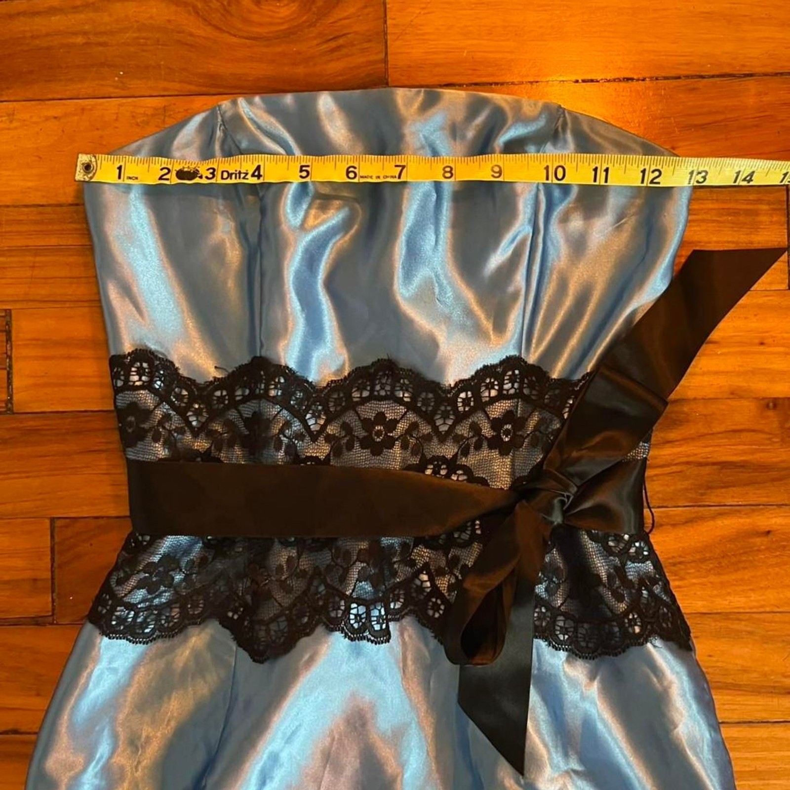 Vintage y2k Gunne Sax Baby Blue Satin Strapless Mini Dress Black Lace Size 1