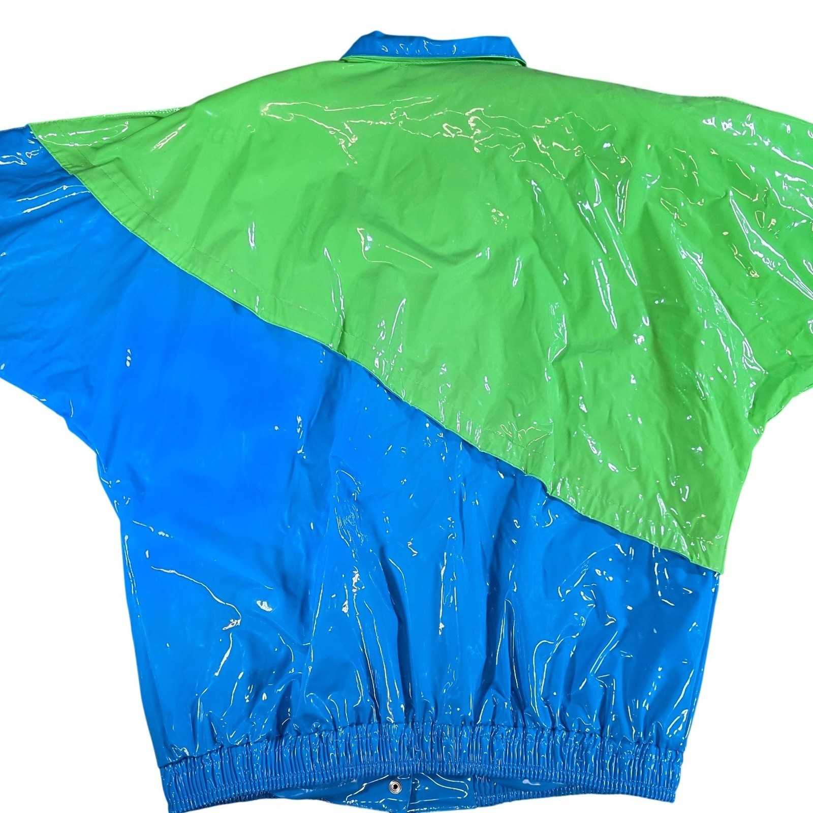 Vintage 80s Kenn Sporn for Wippette Vinyl Raincoat Jacket Neon Green Blue Medium