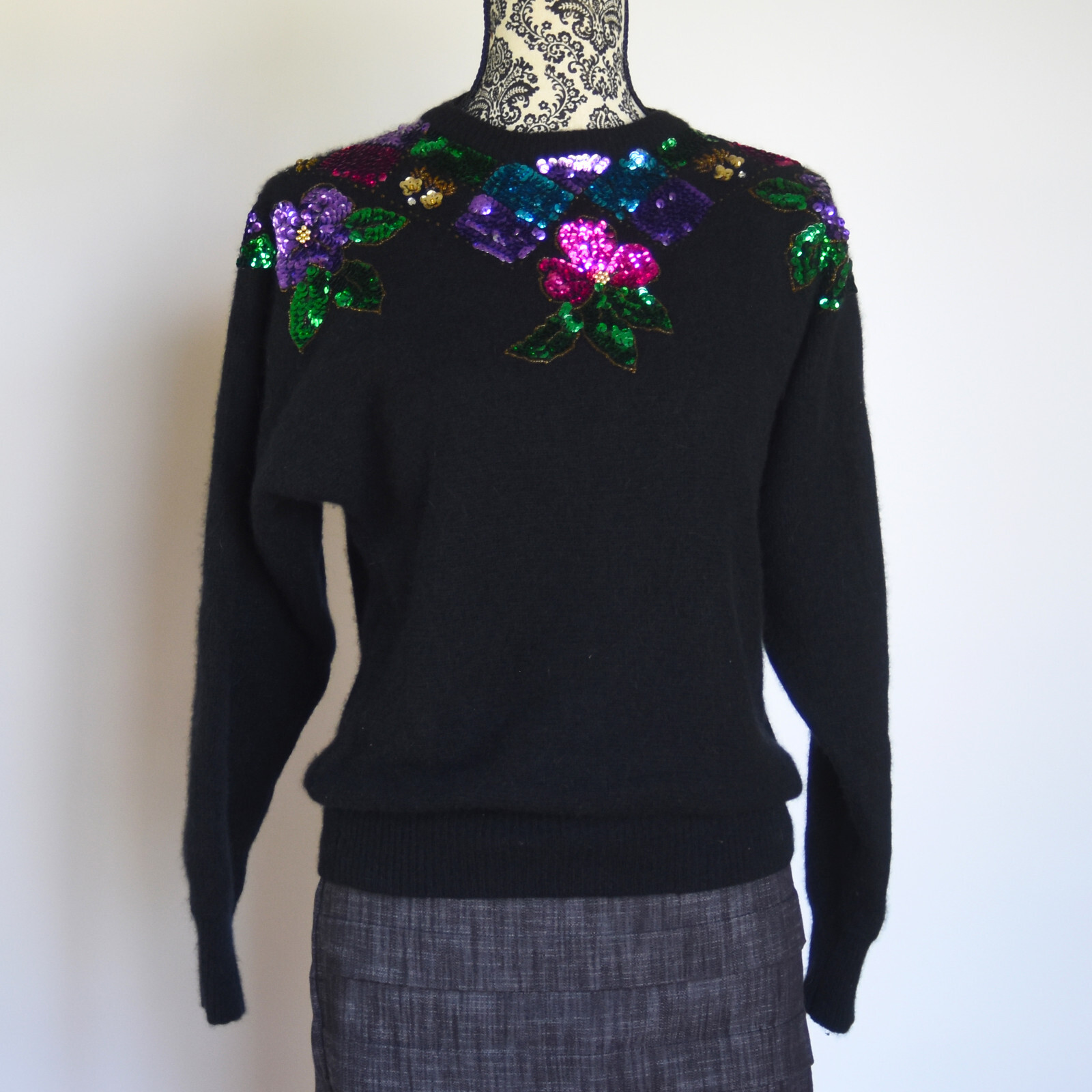 Vintage 80’s Sequin Angora & Lambswool Soft Black Sweater by In Charge Size Med