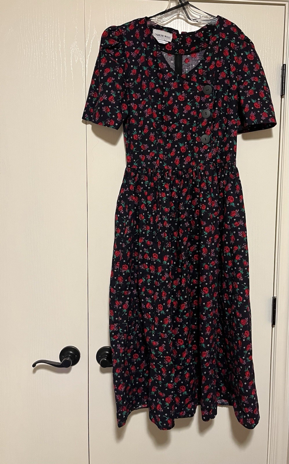 80s Caroline Wells Vintage Floral Midi Dress with Shoulder Pads, tag size 12