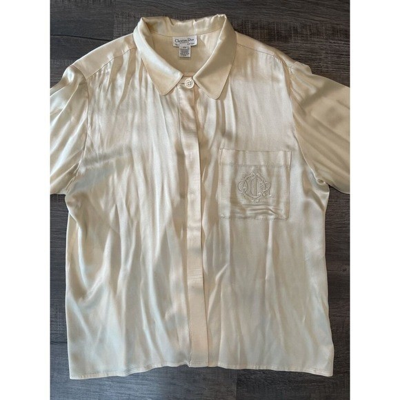 Christian Dior Vintage Silk Blouse Cream Ivory Embroidered Logo Button Down 12
