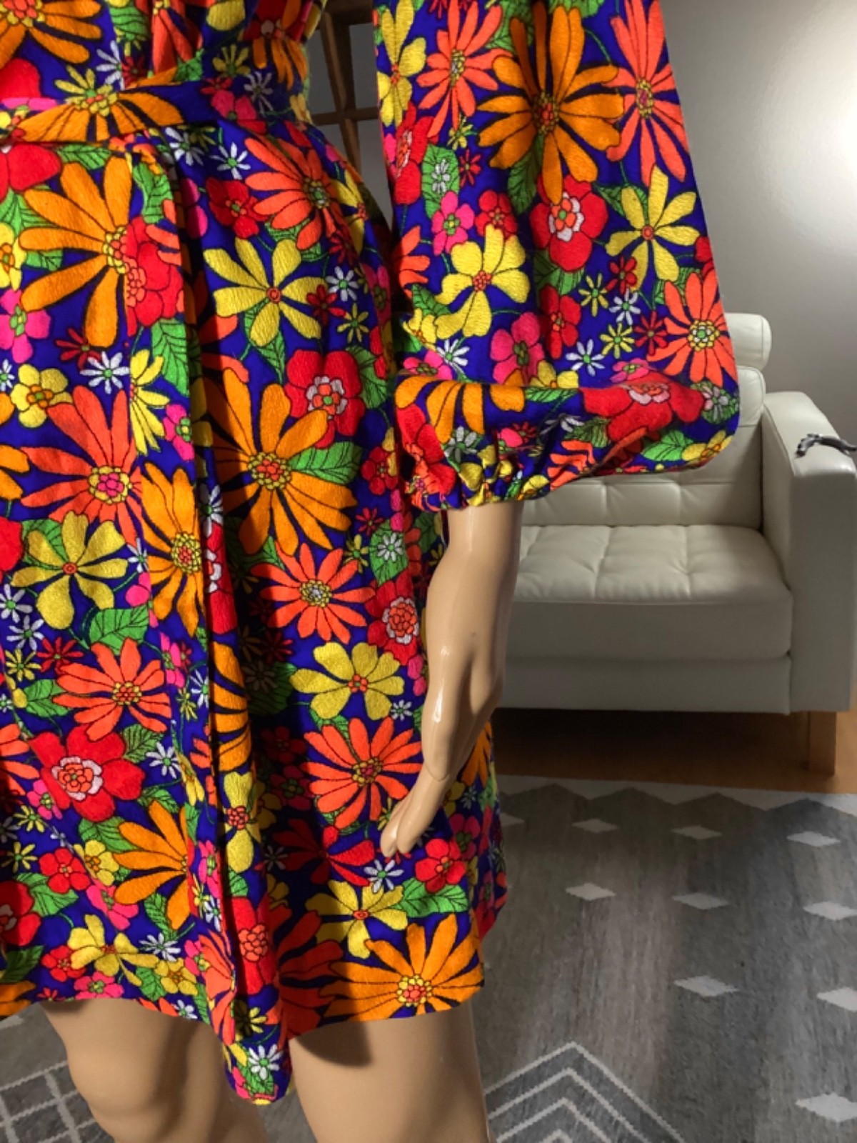 Vintage 60’s Psychedelic Belted Mini Dress Flower Power Floral Hippy Mod Go-Go