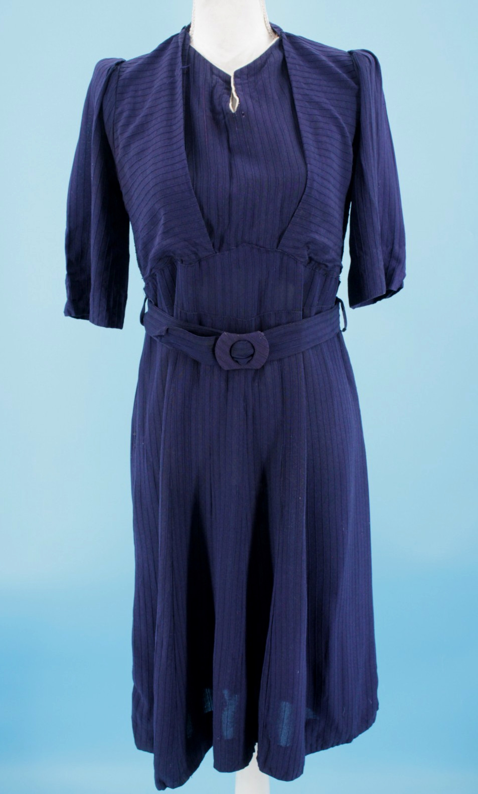 VTG Women’s 30s Navy Blue A Line Midi Dress W/ Belt Sz XS/S 1930s Rayon?
