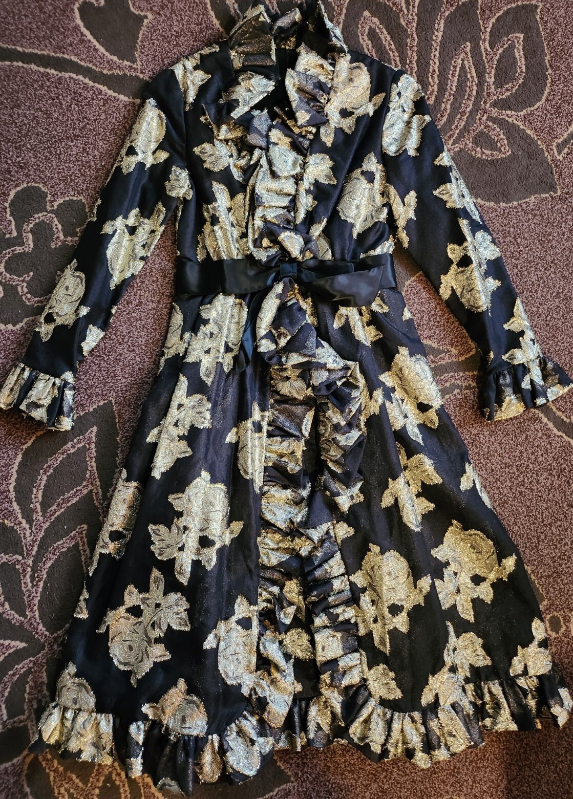 Roger Milot for Fred Perlberg VTG Gold Metallic Floral Ruffle Trim Evening Dress