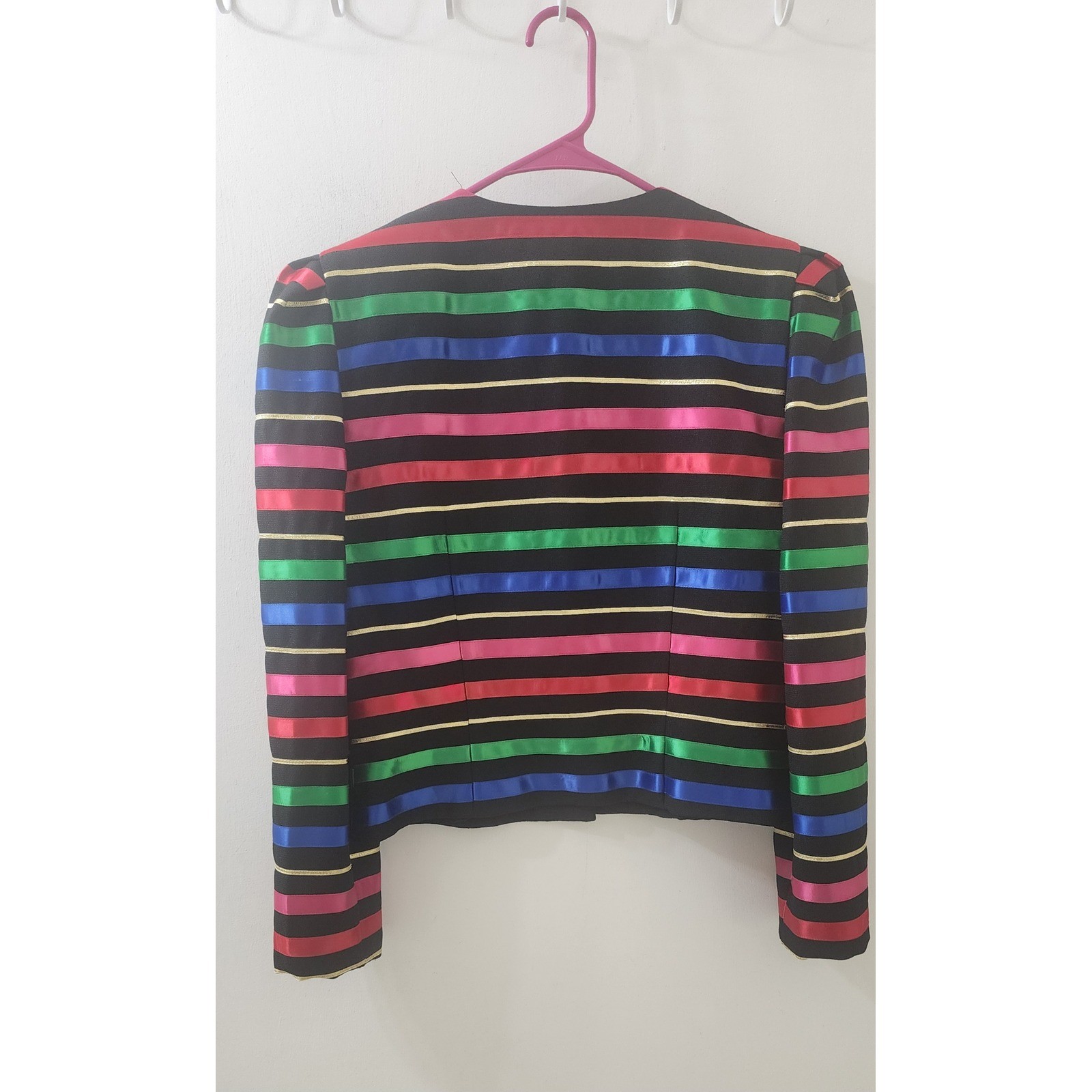 Jacqueline Ferrar Vintage Rainbow Stripe Ribbon Blazer Gold Metallic Trim Size 4