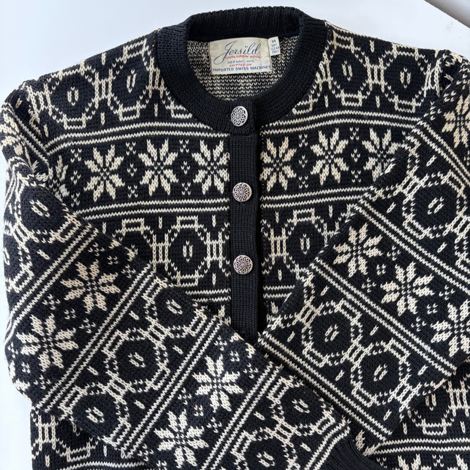 Jersild Vintage Nordic Snowflake Virgin Wool Cardigan Black Cream Metal Buttons