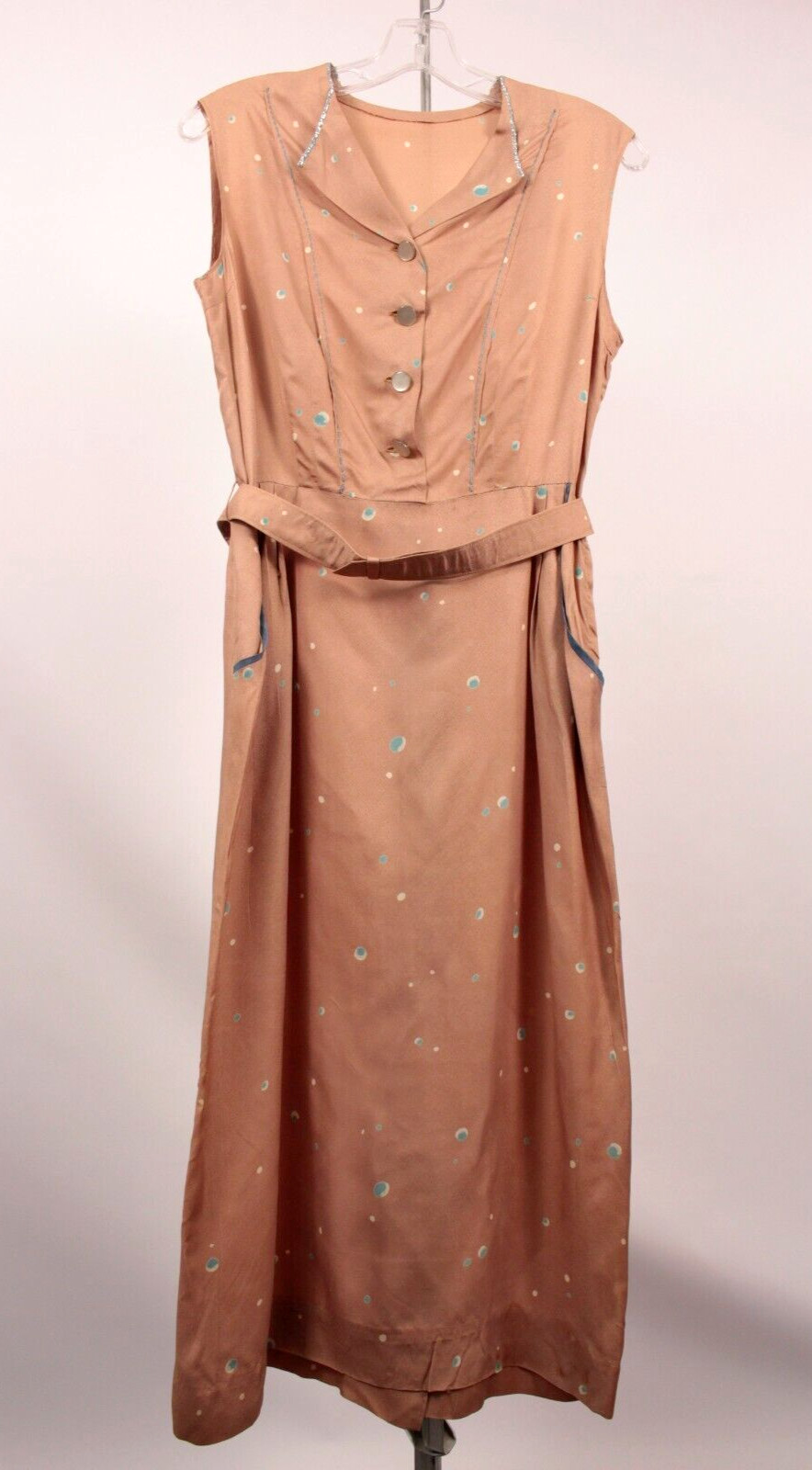 VTG Women’s 40s 50s Tan Silk Sleeveless Dress W/ Belt 1940s 1950s Sz S/M Pockets