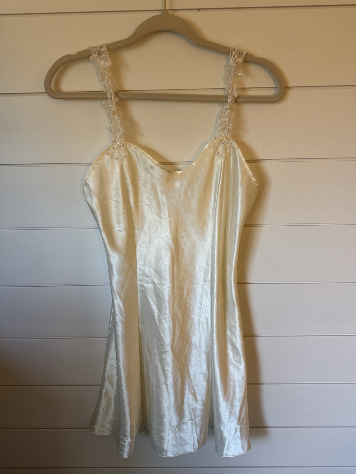 Ivory Satin Lace Slip Regular Size Pearl Lace Straps Sleepwear Lingere