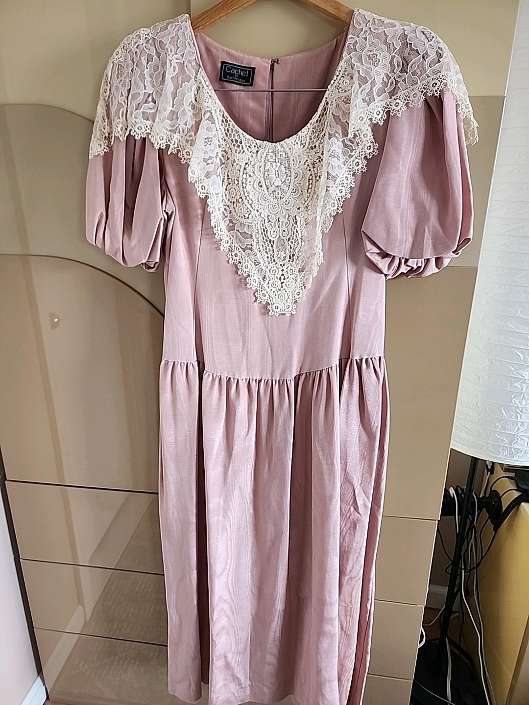 Vintage Cachet by Bari Protas Pink Puff Sleeve Lace Trim Dress PrairieCottagecor