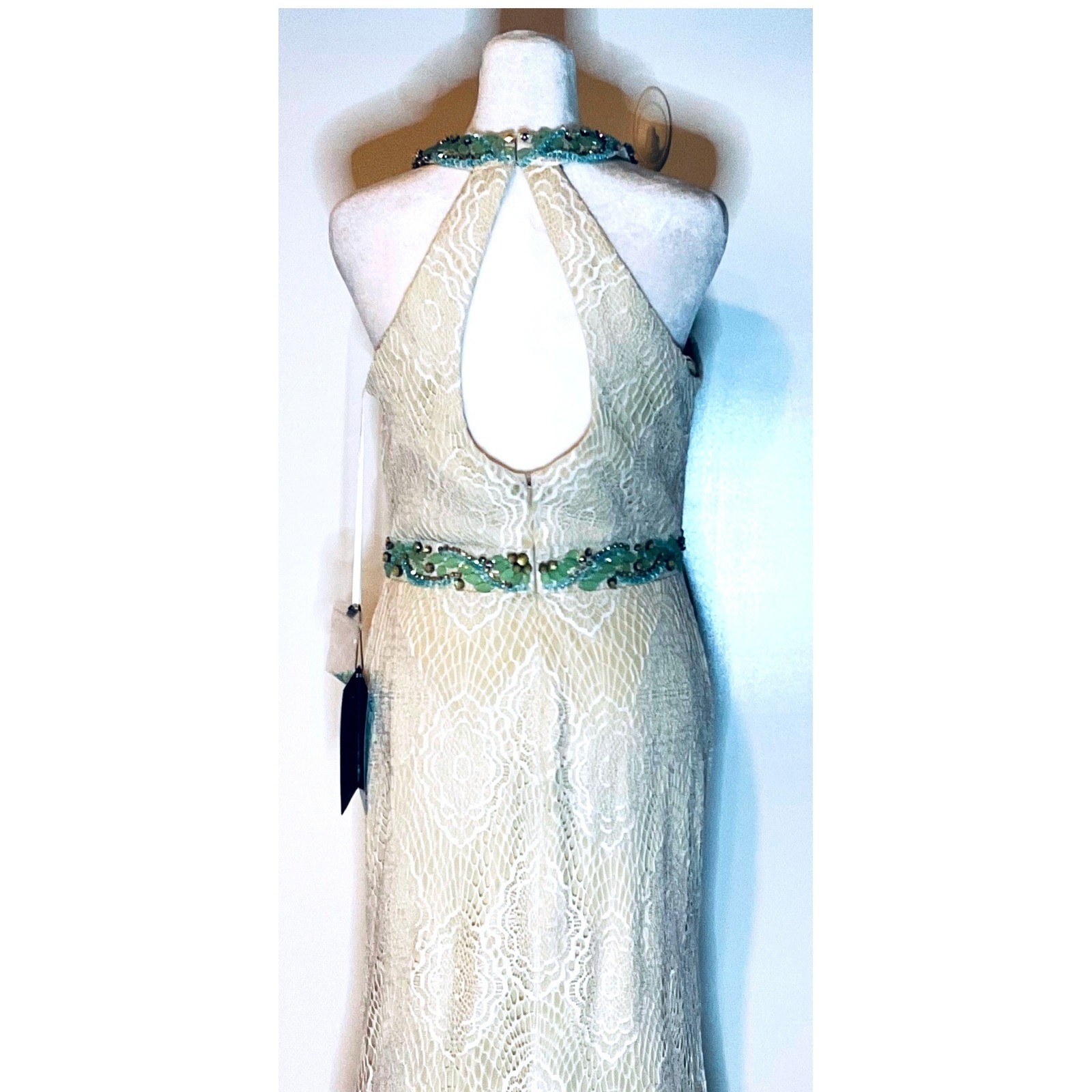 Vtg Nina Canacci 1230 Green Beaded Lace Halter Prom Formal Pageant Gown NWT 10