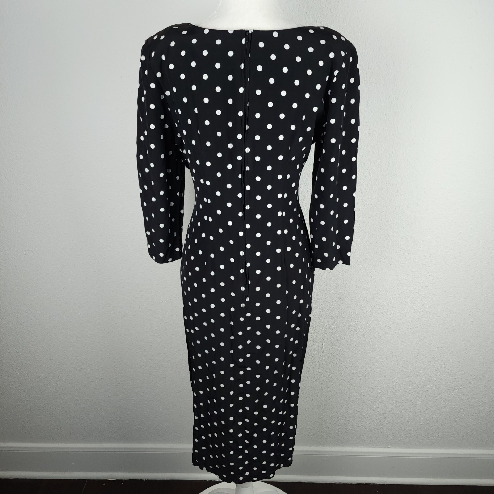 Vintage 80s 1940s DiamondsRun Black White Midi Pencil Dress Long Sleeve PolkaDot