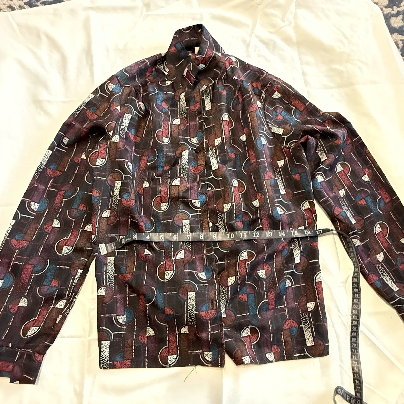 70s Geometric Print Long Sleeve Blouse Burgundy Vintage Top Size Med Retro A2