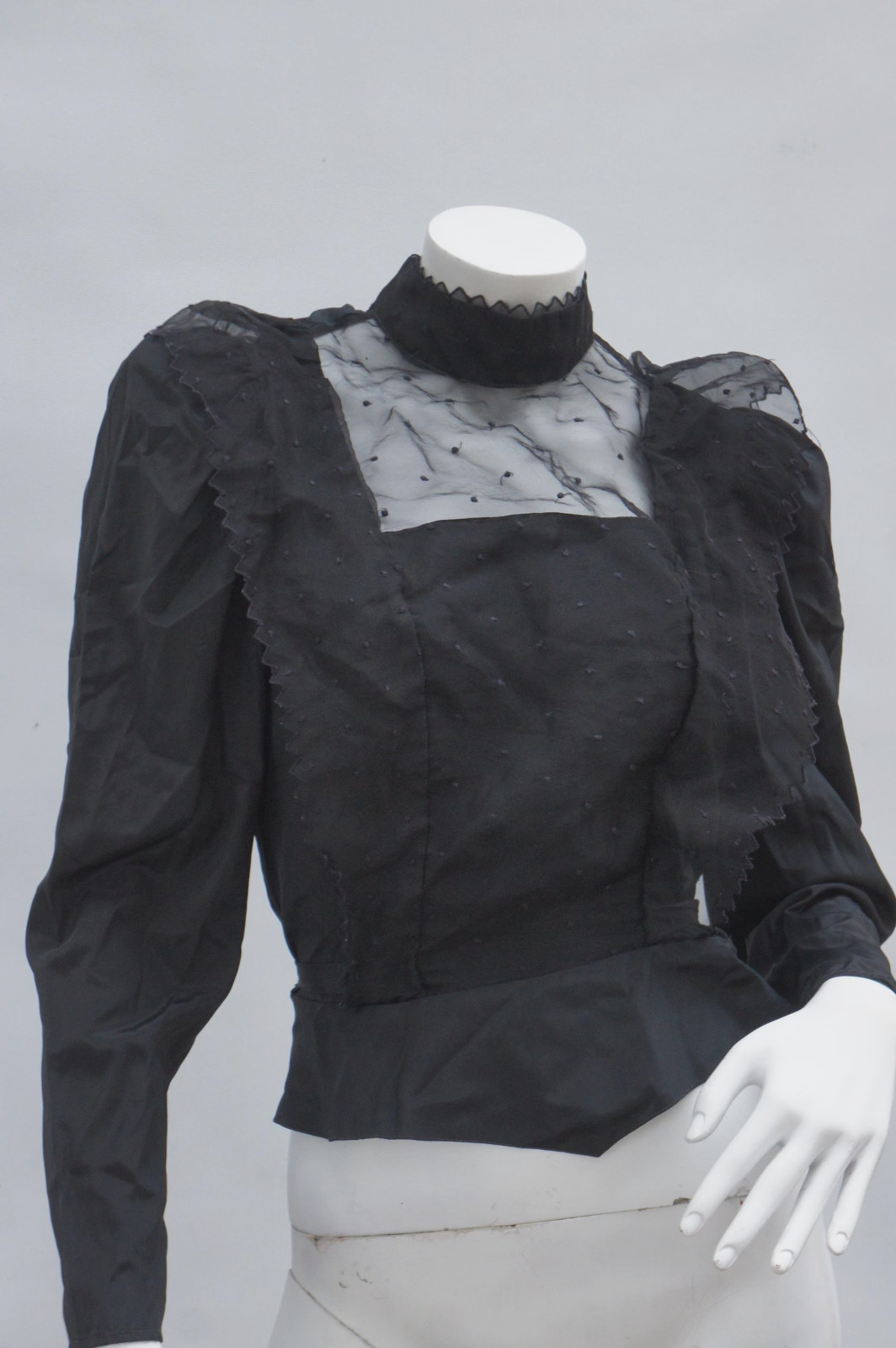 Vintage 70s-80s Black Lace Trim Blouse Victorian Style High Neck Prairie Boho Co