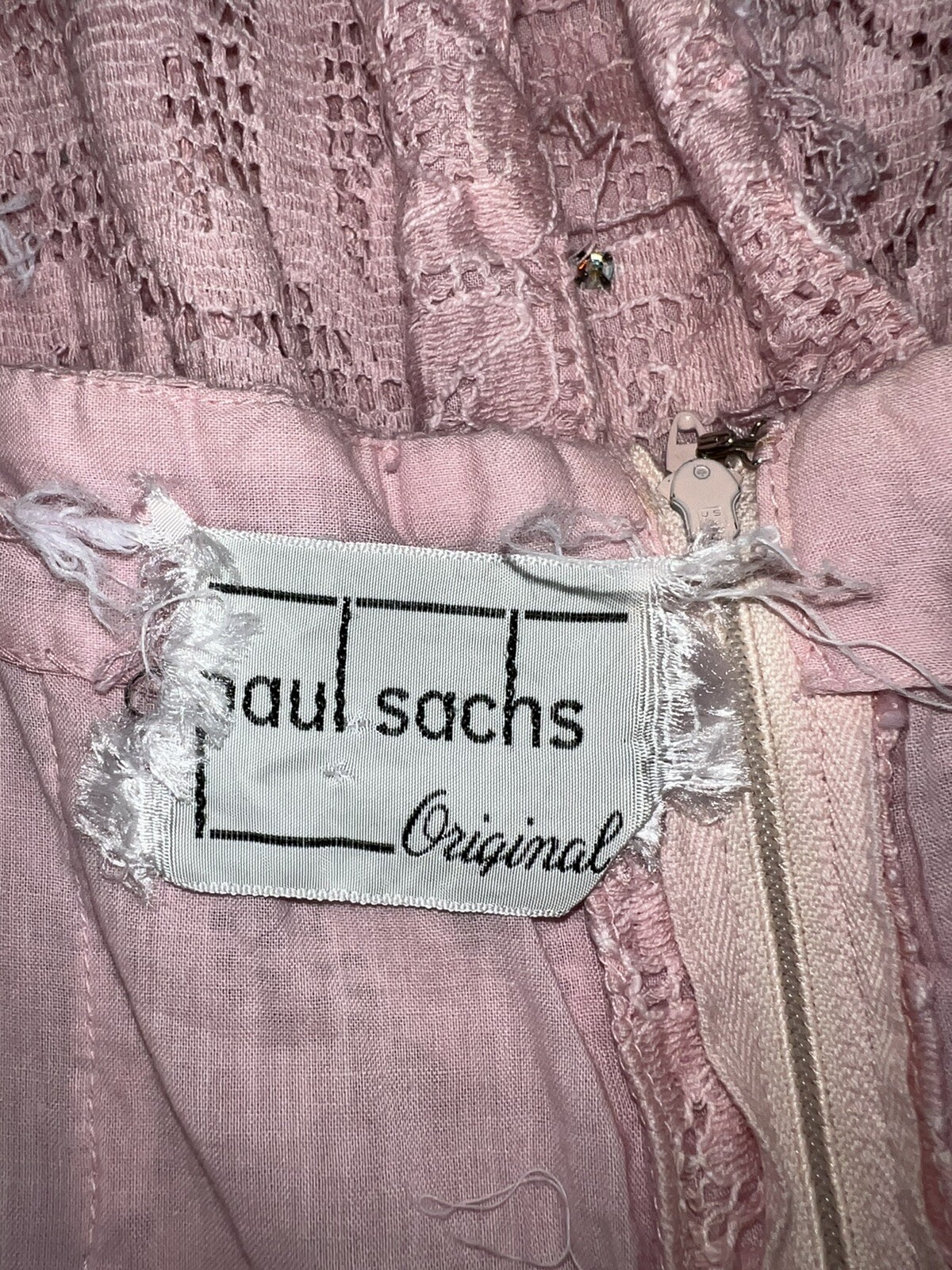 VTG 1950s PAUL SACHS RHINESTONE PINK LACE COCKTAIL WIGGLE DRESS ROCKABILLY GLAM