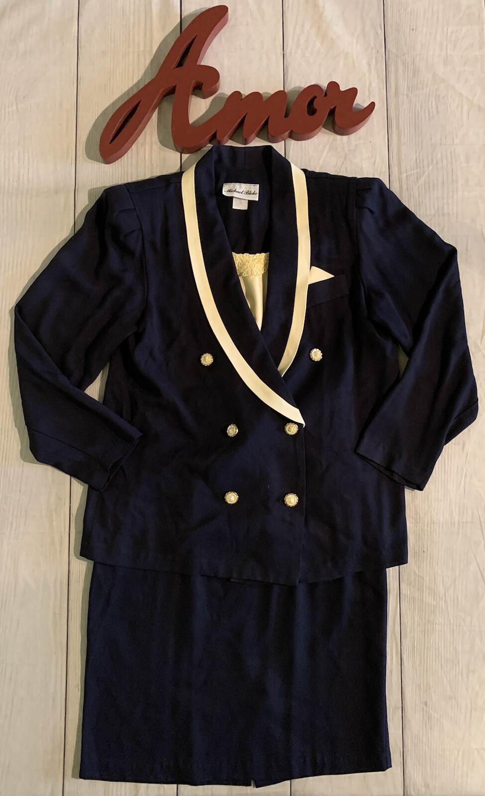 Vintage Michael Blake Navy Blue & Ivory 2pc Secretary Skirt Suit Set