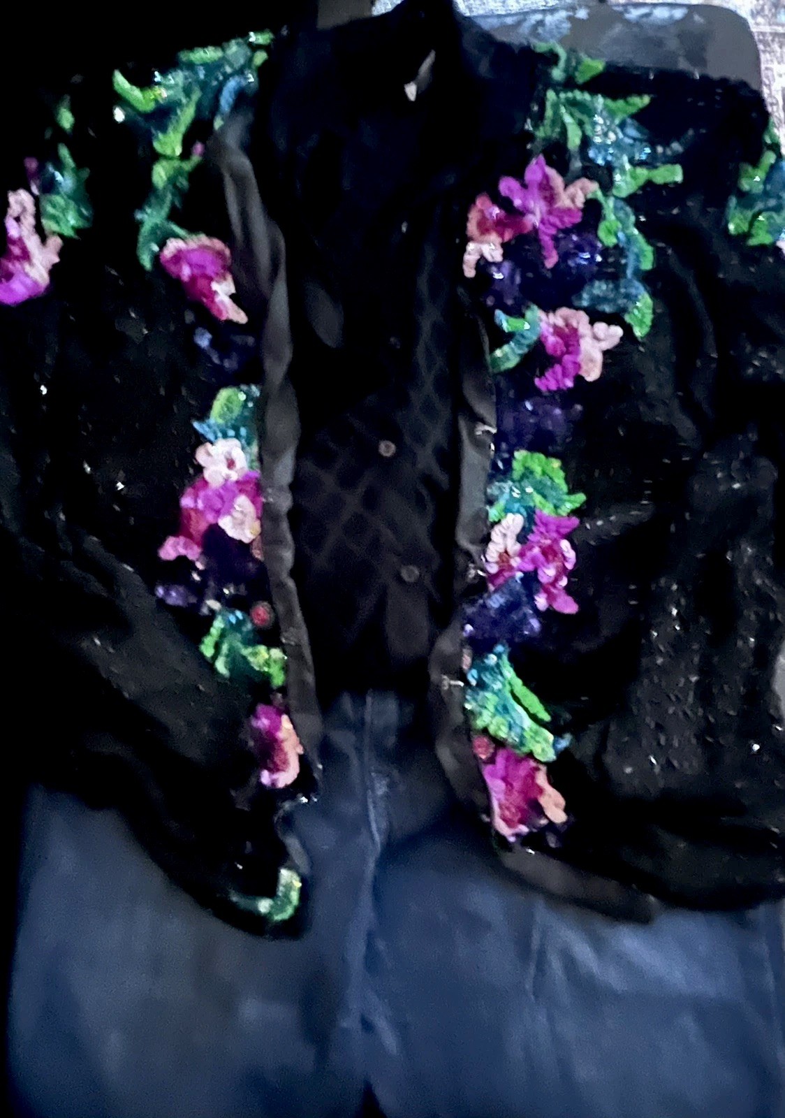 Stunning sequinned & CHAMANI beaded 80s open jacket top. Hook And Eye Closers