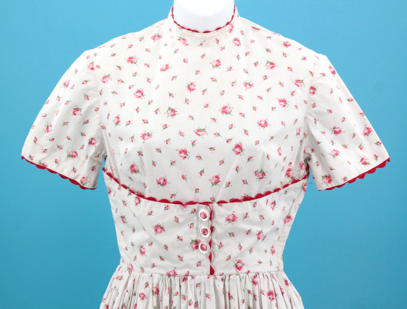 Vtg Women’s 50s White & Red Rose Print Cotton Tea Dress Sz XXS/XS 1950s