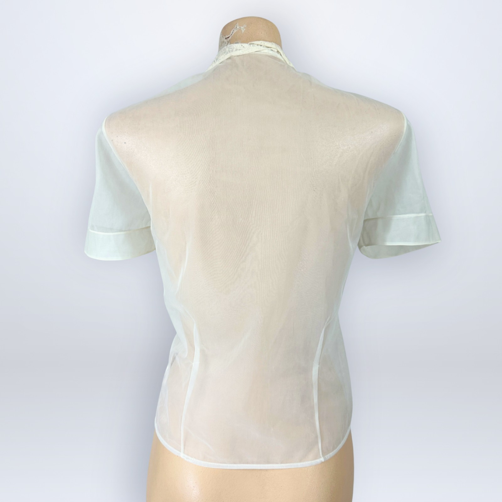 Vintage 1950s Alice Stuart Sheer White Illusion Lace Flock Printed Blouse Top