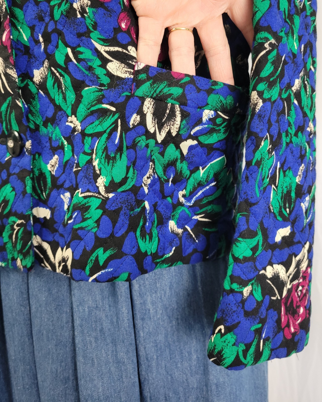 Vtg Stephen Douglas Ltd Blue & Green w Purple Flowers Quilted Jacket Size 14