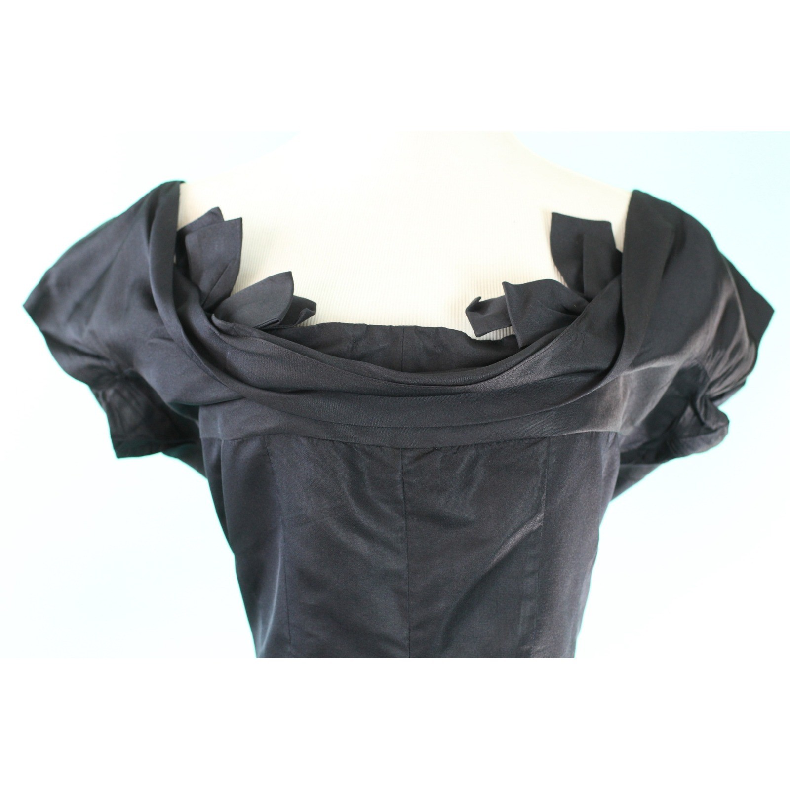 Vintage 1950s Black Silk Portrait Neckline Bow Cocktail Dress Mid-Century Modern