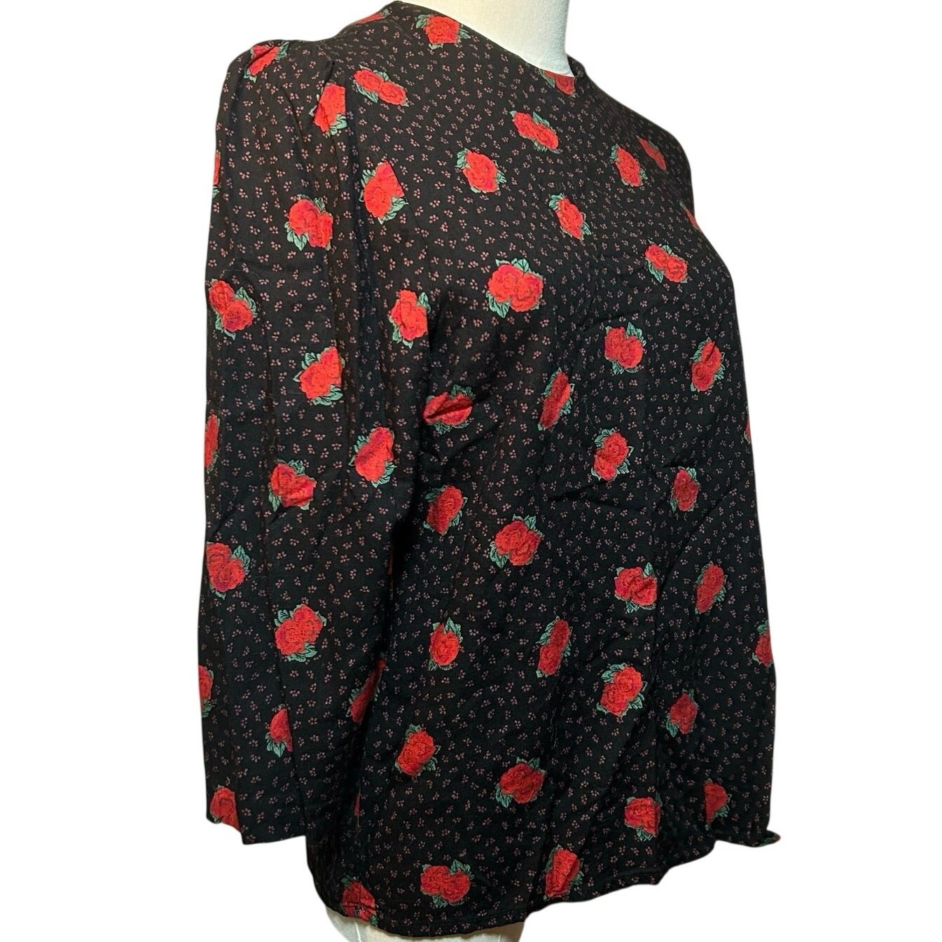 VTG Ms Interpret Black Red Rose Polka Dot Rayon Blouse 12 Whimsygoth Grunge Goth