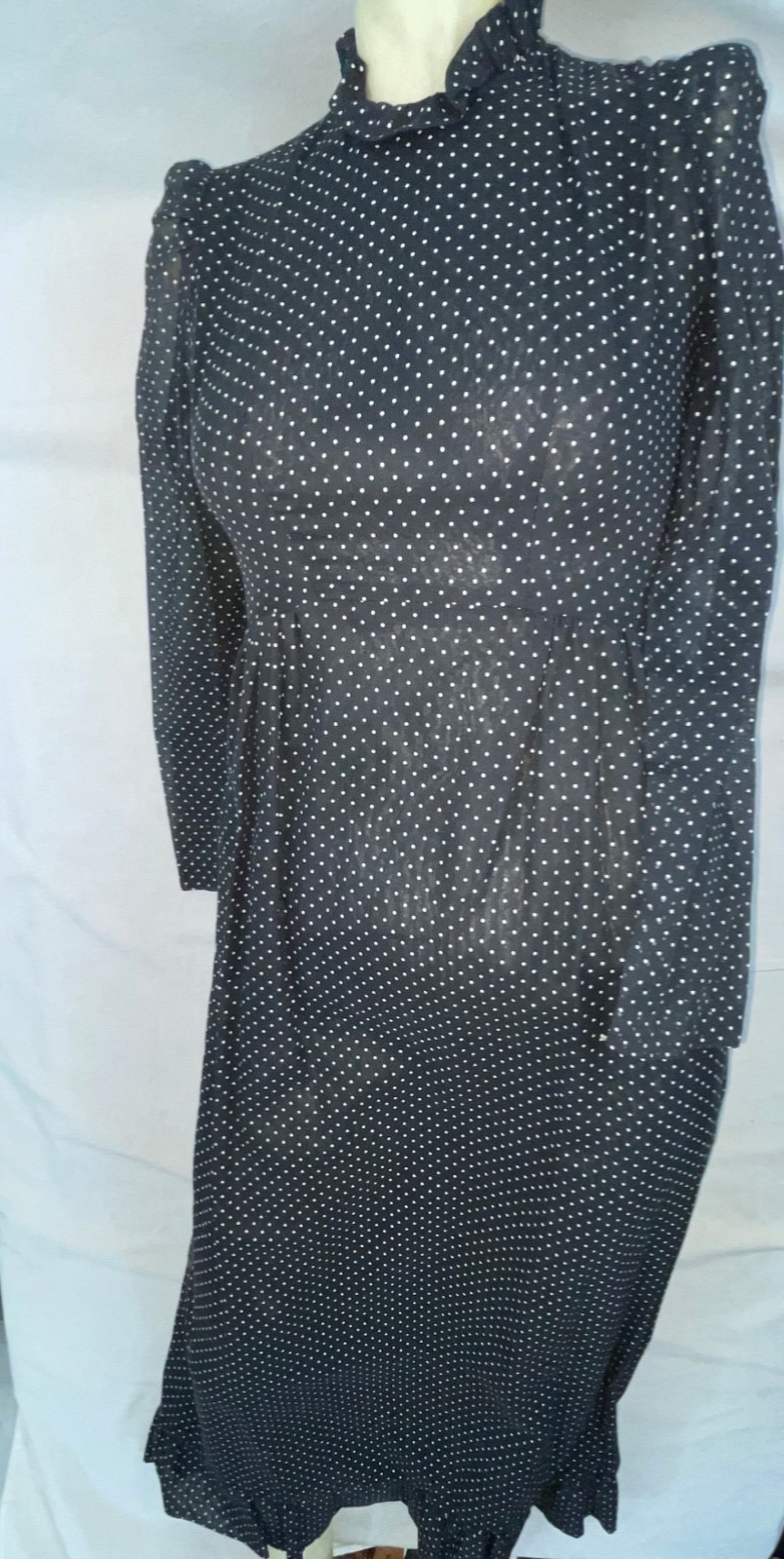 VTG 60S 70S DOES 40S WOMENS S BLACK POLKA DOT LONG HOUSE WORK DRESS