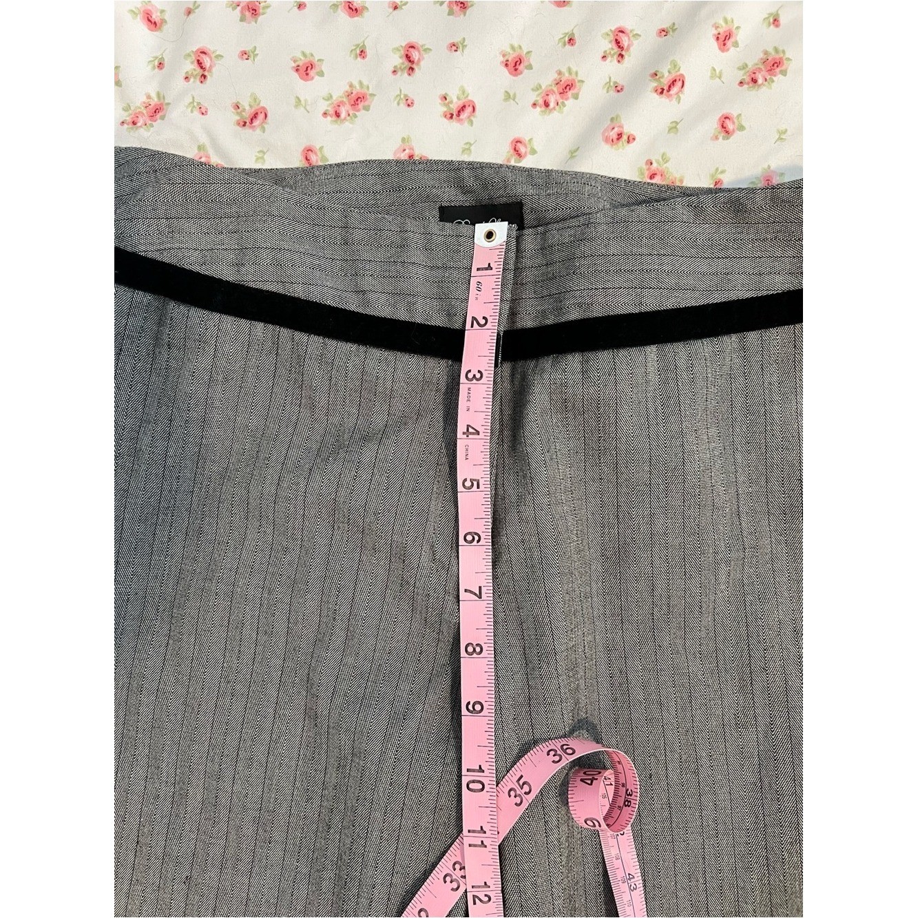 vintage y2k gray pinstripe office siren pants with black velvet waistband detail