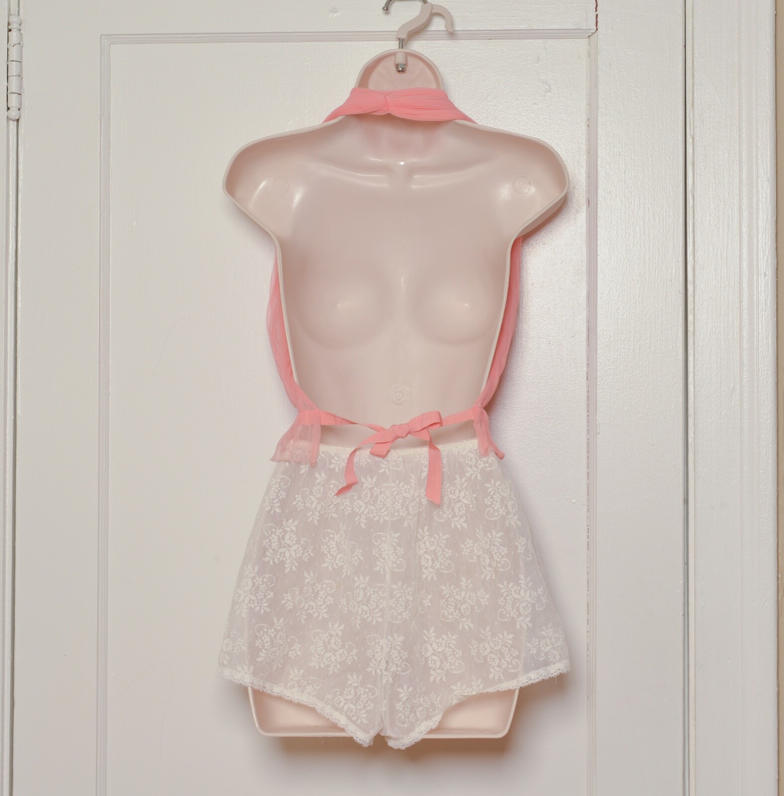 Vintage Peignoir. 60’s era. Peach Halter and White Lace Panty.
