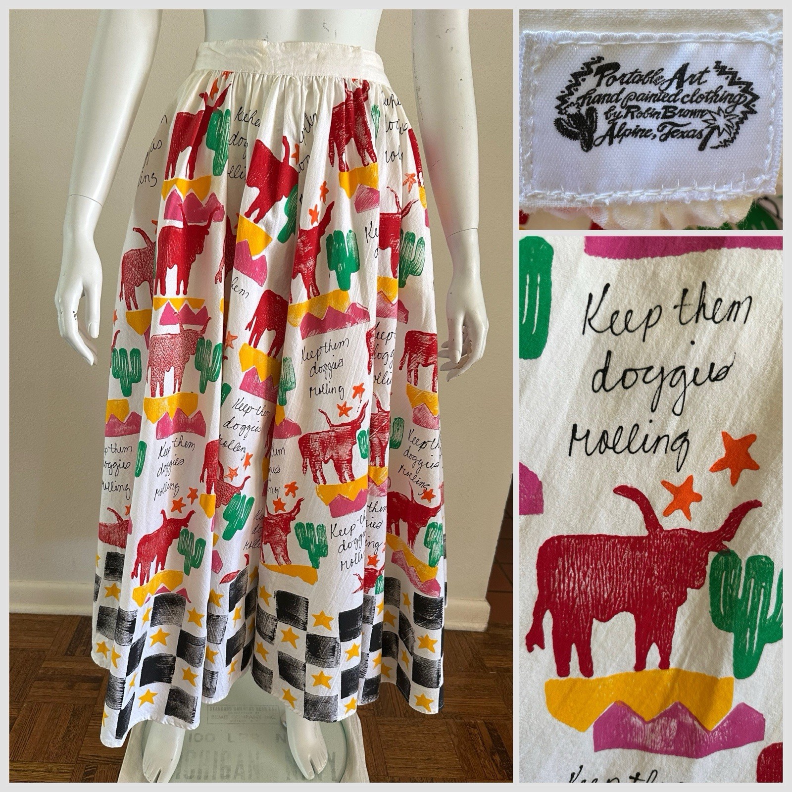 1990s Robin Brown Art To Wear Handpainted Western Dress Skirt Maxi Longhorn VTG