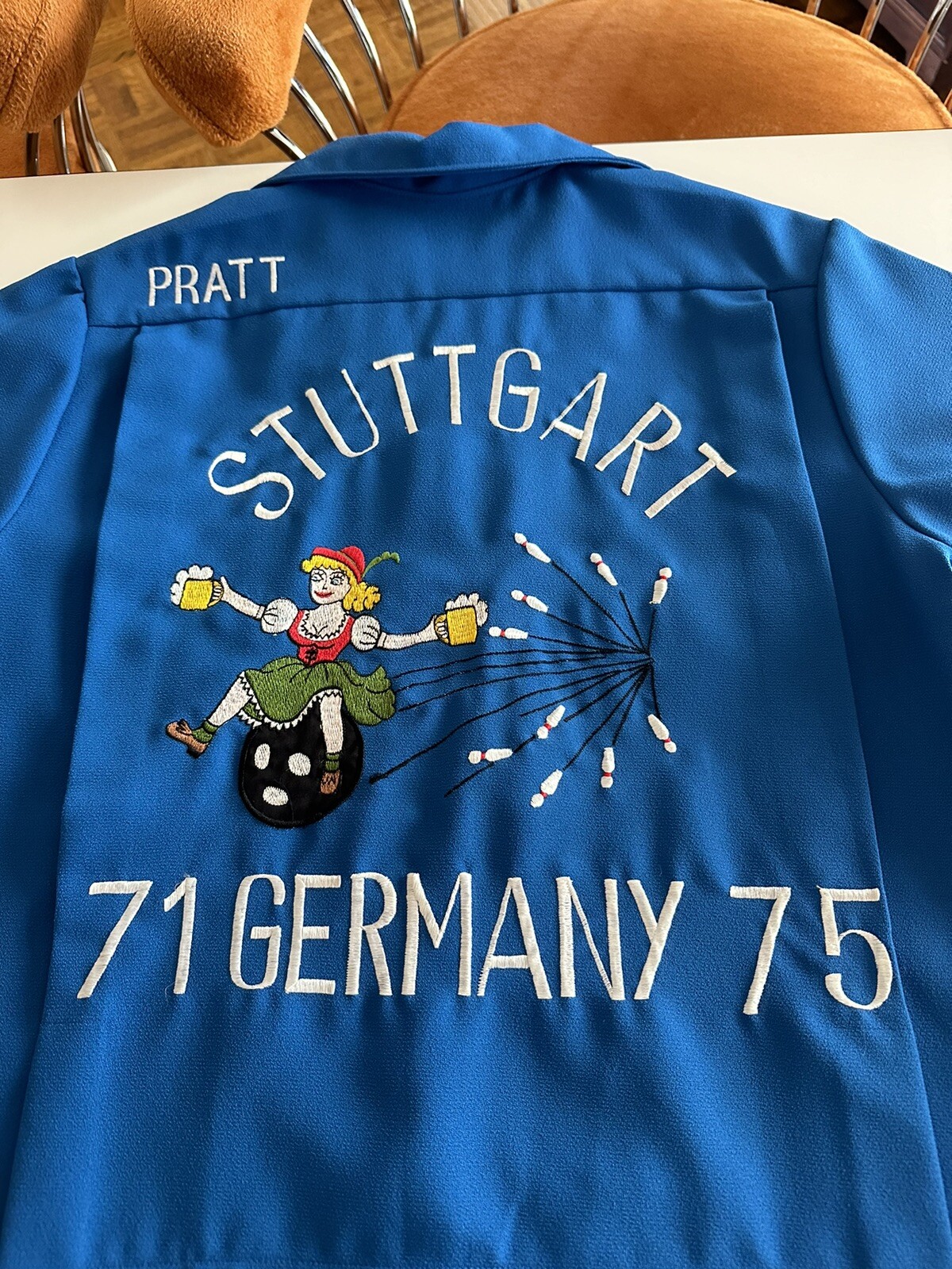 1970s USAF Germany Embroidered Womens Bowling Party Souvenir Shirt Blouse Vtg