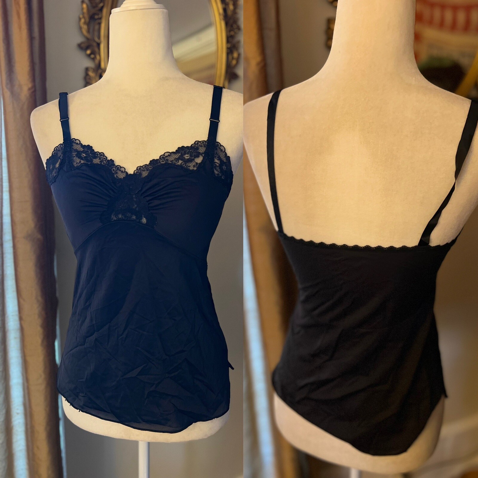 vintage camisole SIZE M black lace sexy pin up top Nylon classic retro