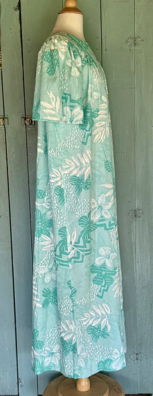 VTG 60’s BARK CLOTH HAWAIIAN MUMU Maxi Muumuu Kaftan Teal SeaGreen Bespoke S/M++