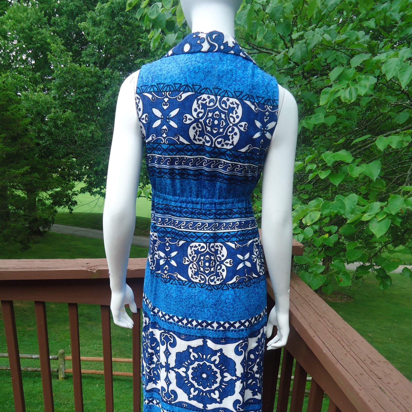 Penneys Hawaii VTG Small Barkcloth Maxi Dress Blue Tropical Sleeveless Collared