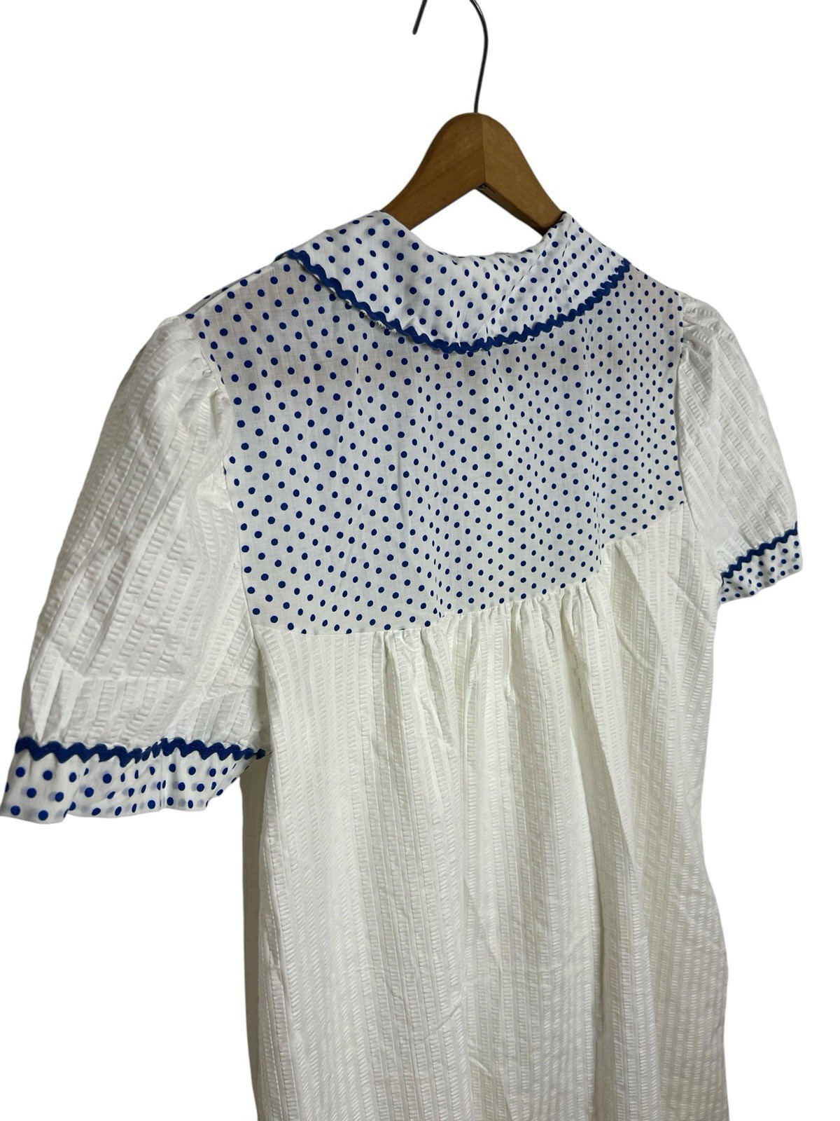 Vintage Nightgown House Dress White Blue Polka Dot Rick Rack Peter Pan Collar