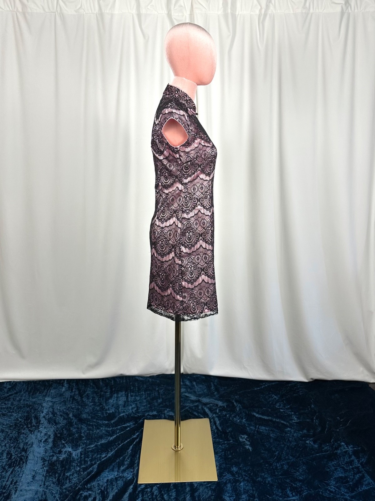 Vintage Lace Mandarin Collar Dress XS Pink Black Cocktail Party Beijing Purchase