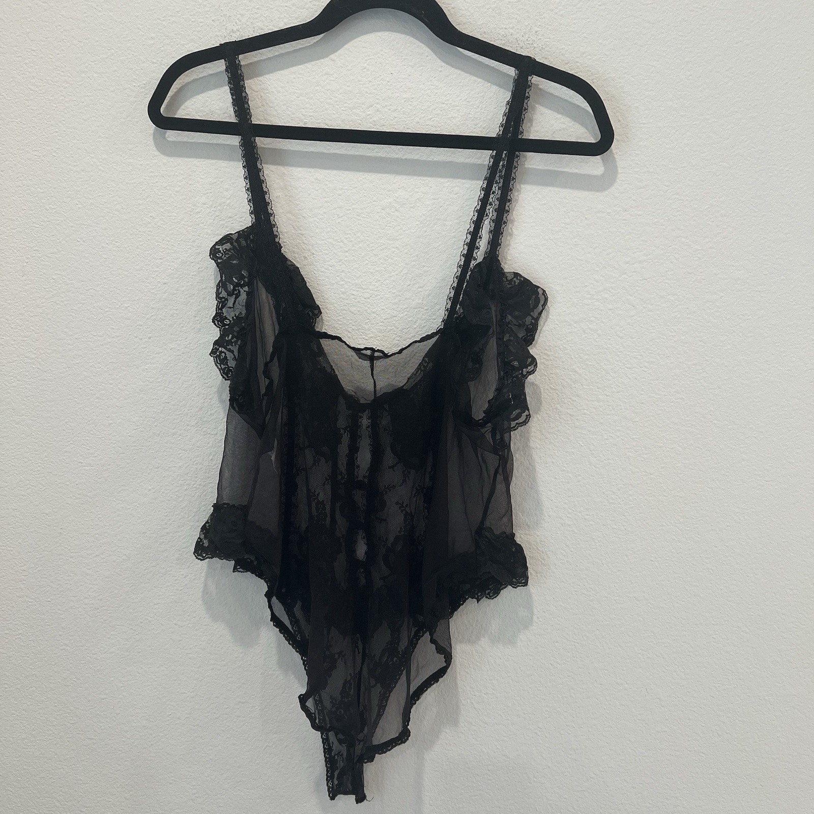 Vintage Sabrina Mervyn’s Sheer Lace Babydoll Teddy Lingerie Black Large USA FF