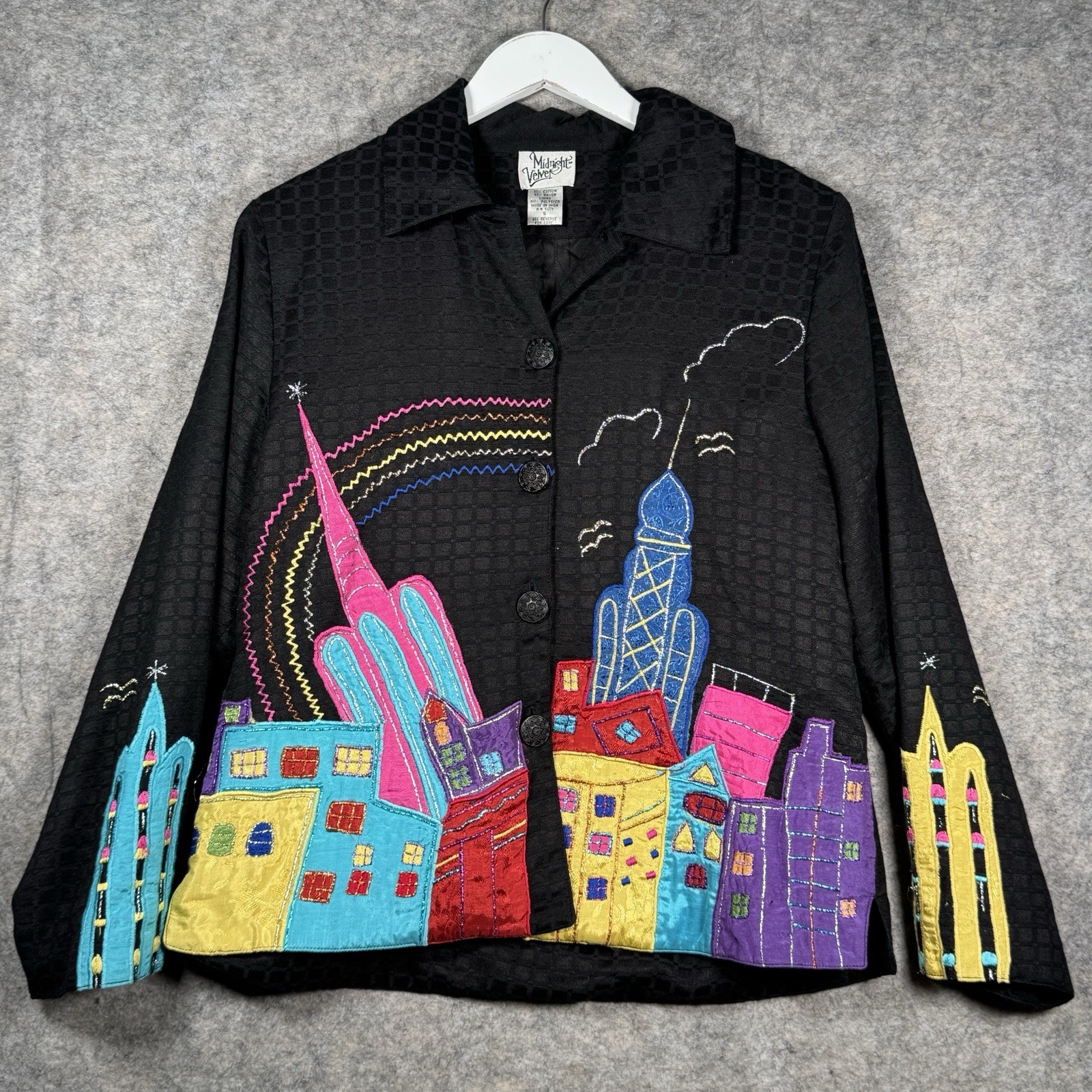 Vintage Womens Midnight Velvet Black Colorful Embroidered Jacket Size S 19×24