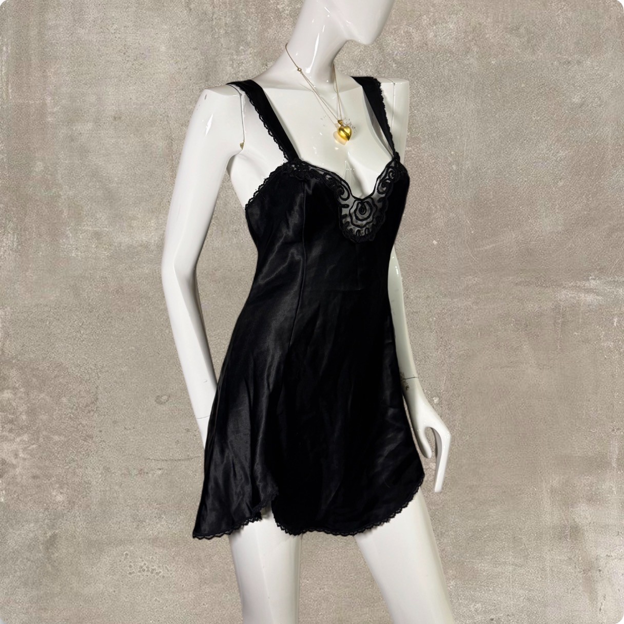 Vintage 90s Black Satin Slip Dress Made in USA Lace Lingerie Mini Medium