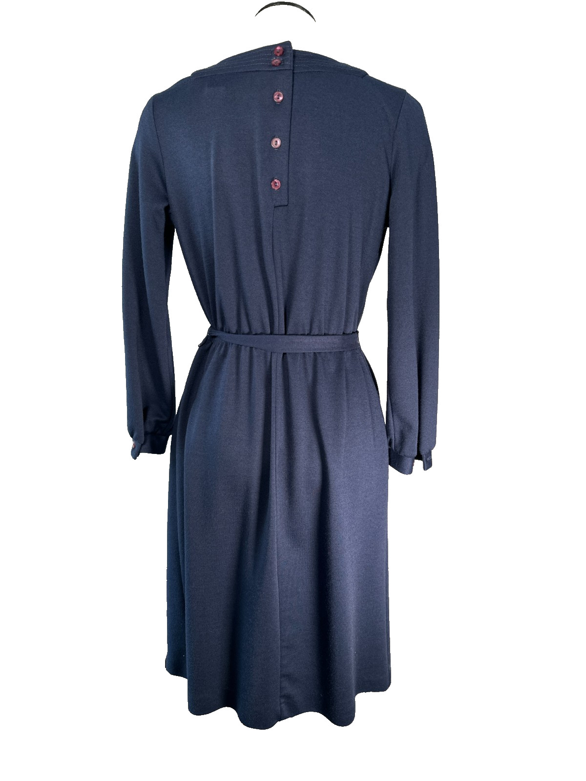 VTG 70s Twee Navy Blue Pleated Dress Square Neck Belted Aline Midi Secretary S/M