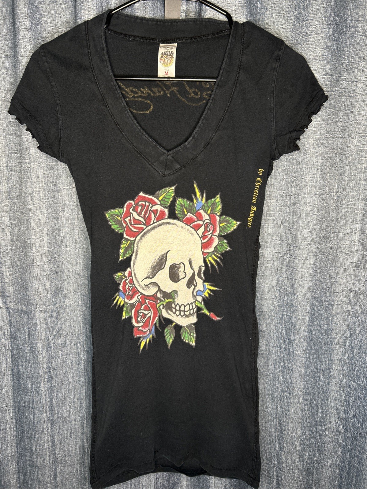 Vintage Ed Hardy By Christian Audigier Women’s Black Skull Roses Long T Shirt