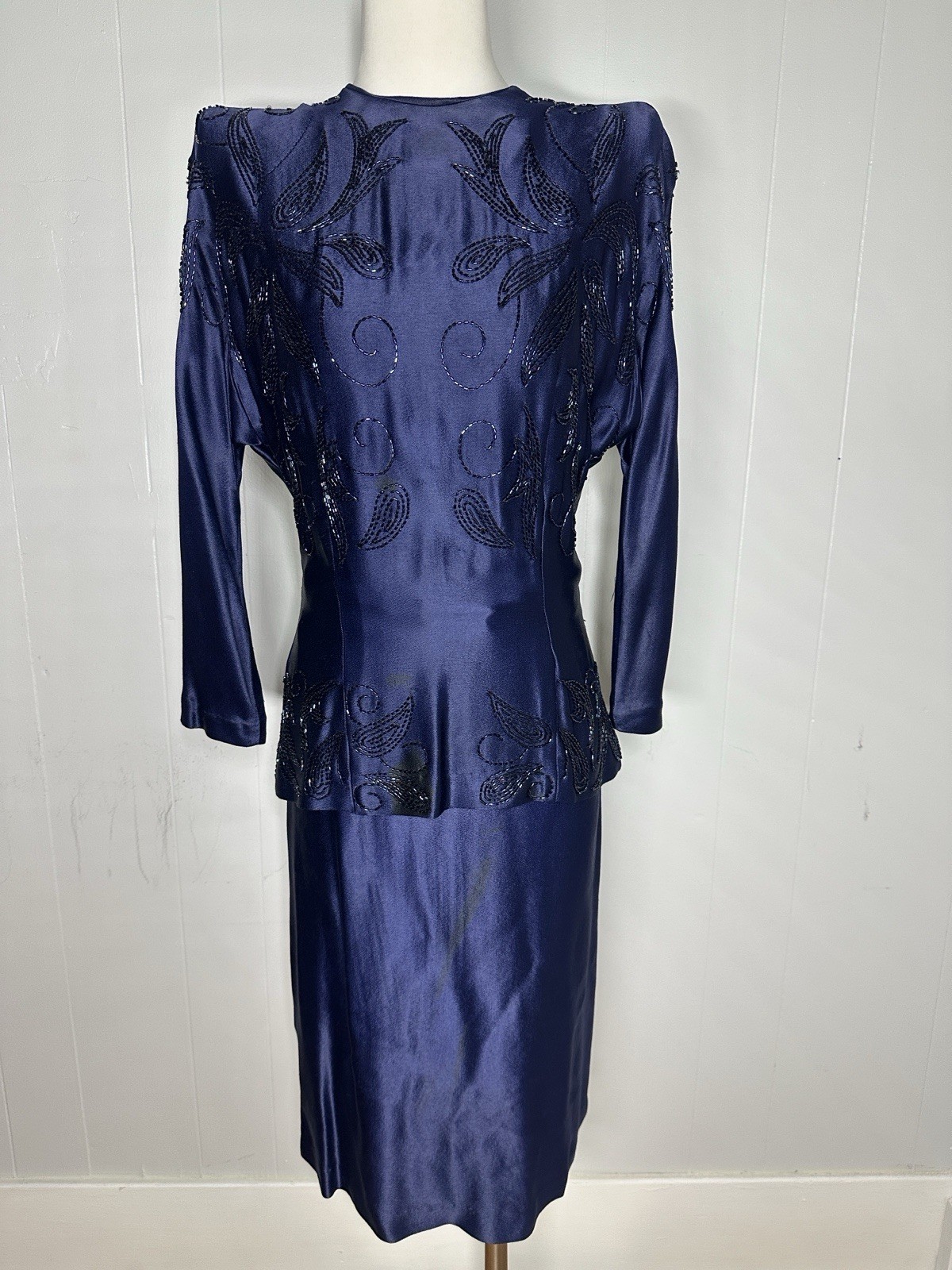 Vintage Couture Level Silk Blue Hand Glass Beaded Victory Suit Jo-Carn Creations