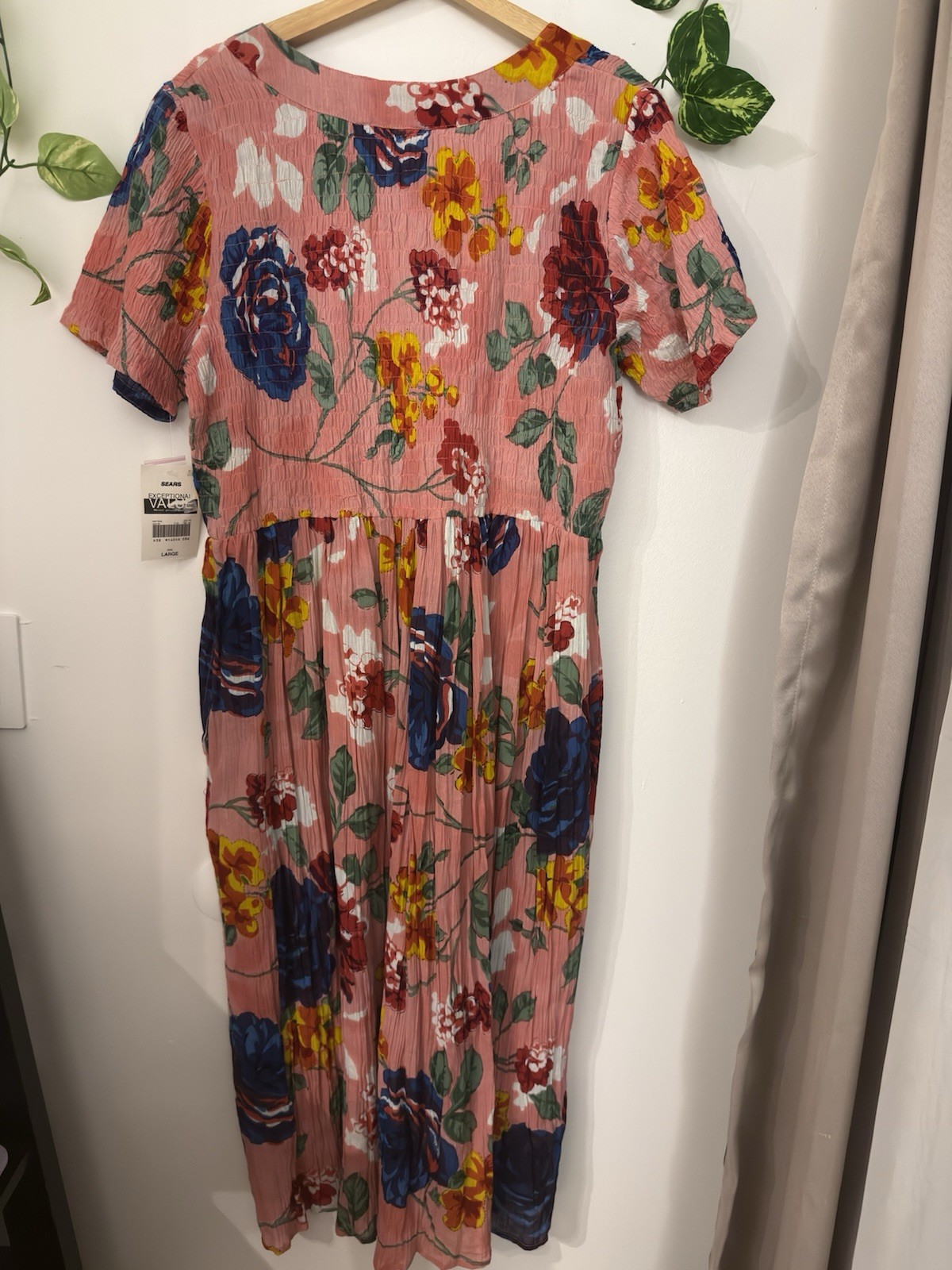 Vintage Pink floral dress midi Dress 100% cotton Cottagecore Large