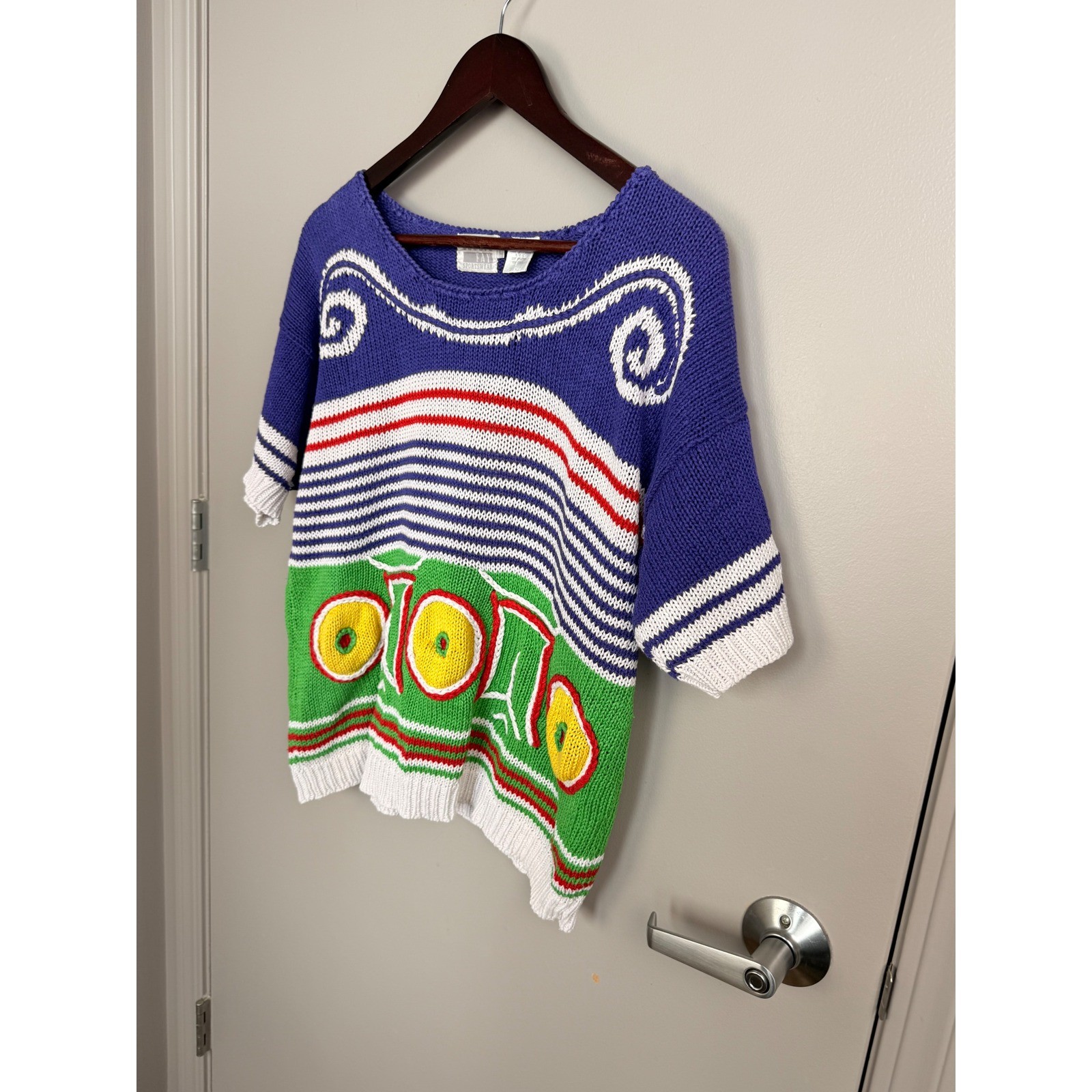 Leslie Fay Vintage 90s Knit Sweater Top Short Sleeve Colorblock Embroidered L