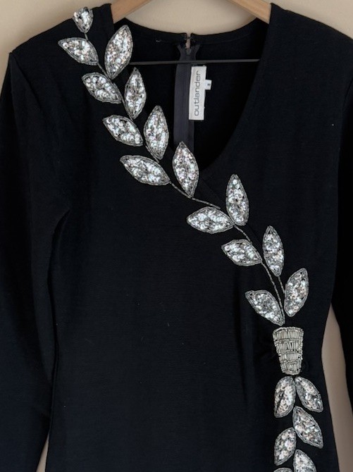 Vintage Dress 1980s Outlander Wool Knit Sheath Silver Sequin Leaves Womens Small