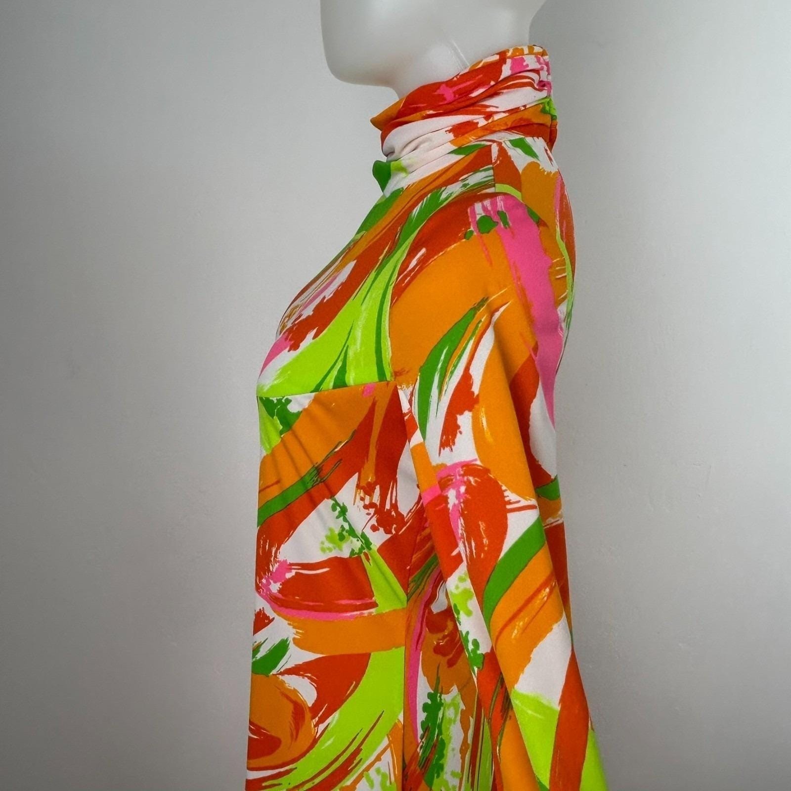 Vintage 70s Psychedelic Maxi Dress Multicolor Abstract Mock Neck Retro Mod