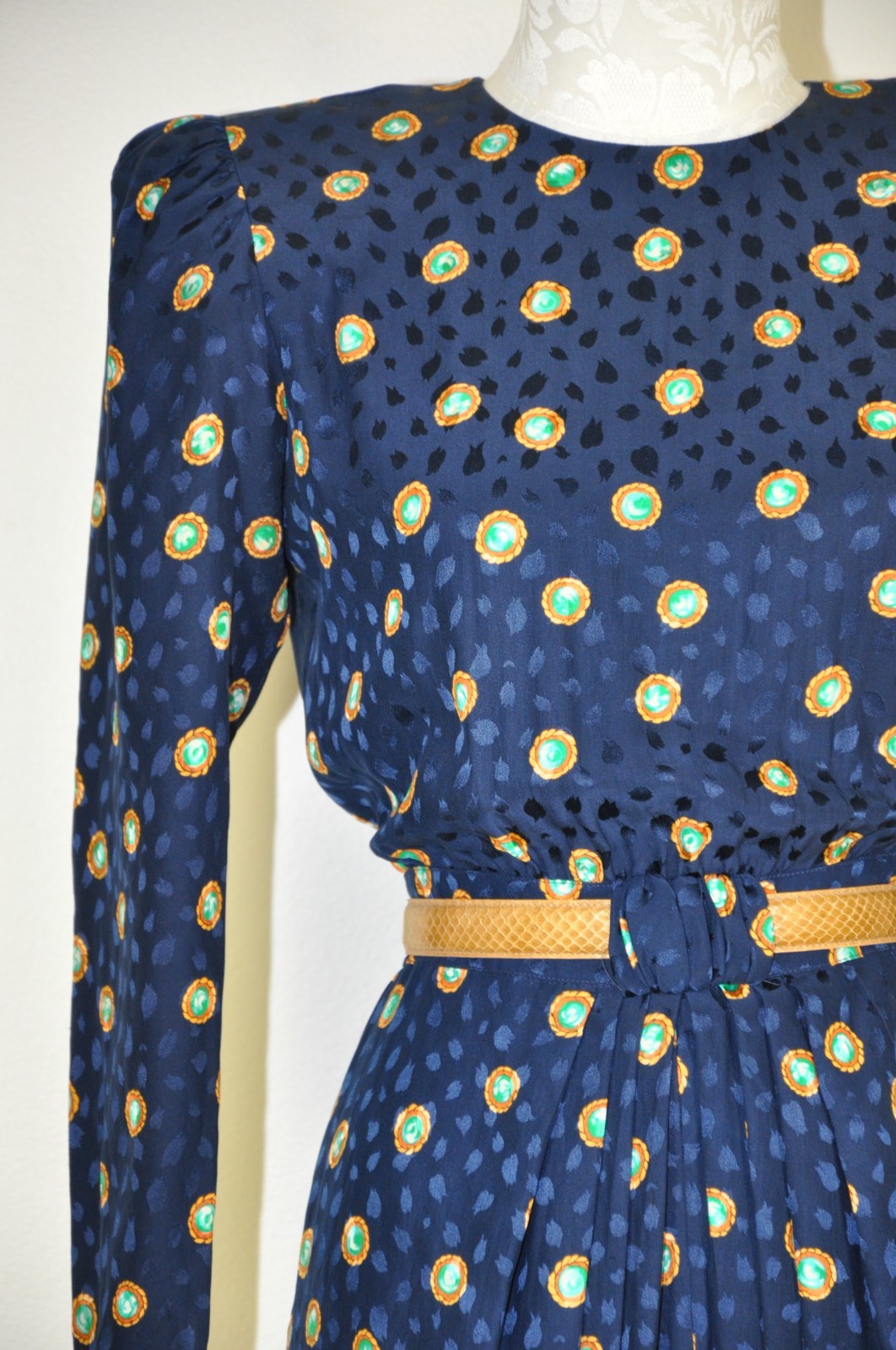 80s Vintage Navy Blue Silk Gemstone Print Puff Sleeve Back Buttons Dress Women S