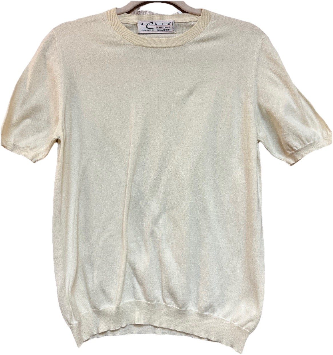 Vintage Debra C Beverly Hills Made In Italy 100% Cotton Cream Knit Short Slv Top