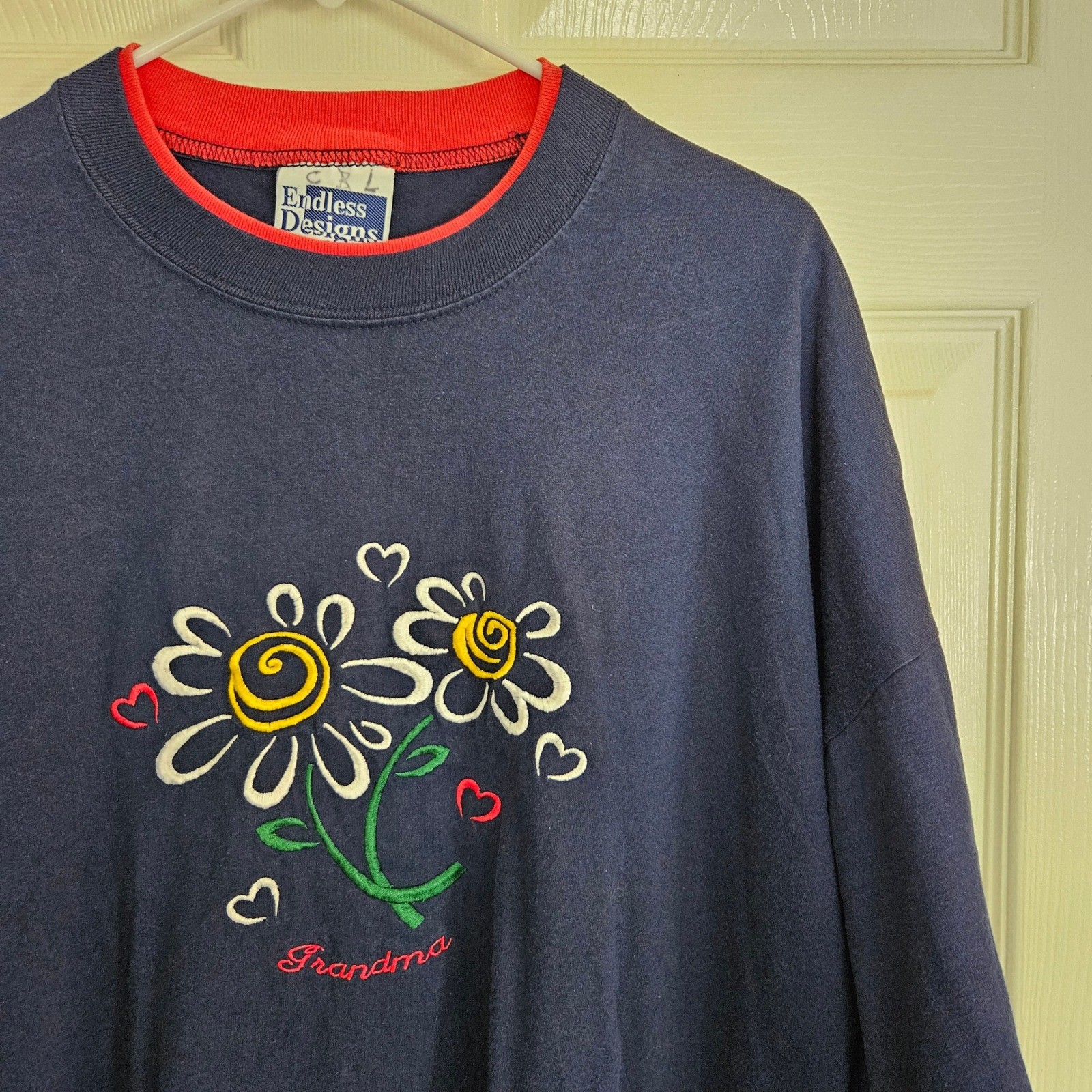 Vintage Endless Designs Grandma Flowers Heart Graphic Top T Shirt Navy Red Large